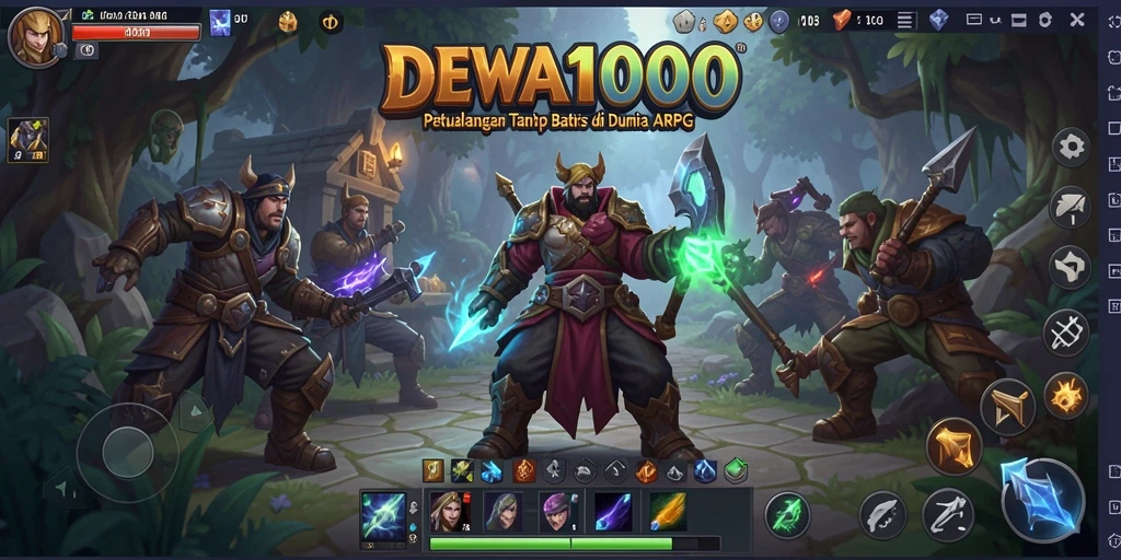 Tangkapan layar DEWA1000 menampilkan pertarungan epik di dunia fantasi.
