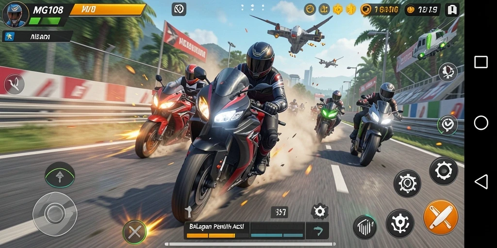 Tampilan gameplay MG108 yang mendebarkan dalam balapan motor.